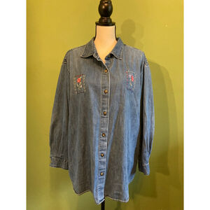 Women's Vintage Chic Blue Denim Embroidered Floral Button Down Shirt